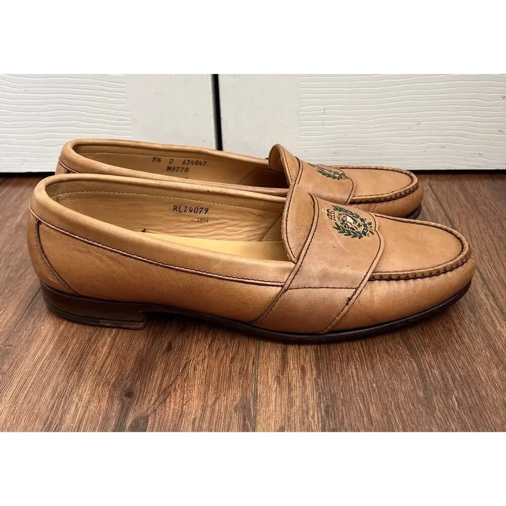 POLO RALPH LAUREN Men’s Vintage Camel Leather Embroidered Crest Loafers Sz 9.5D